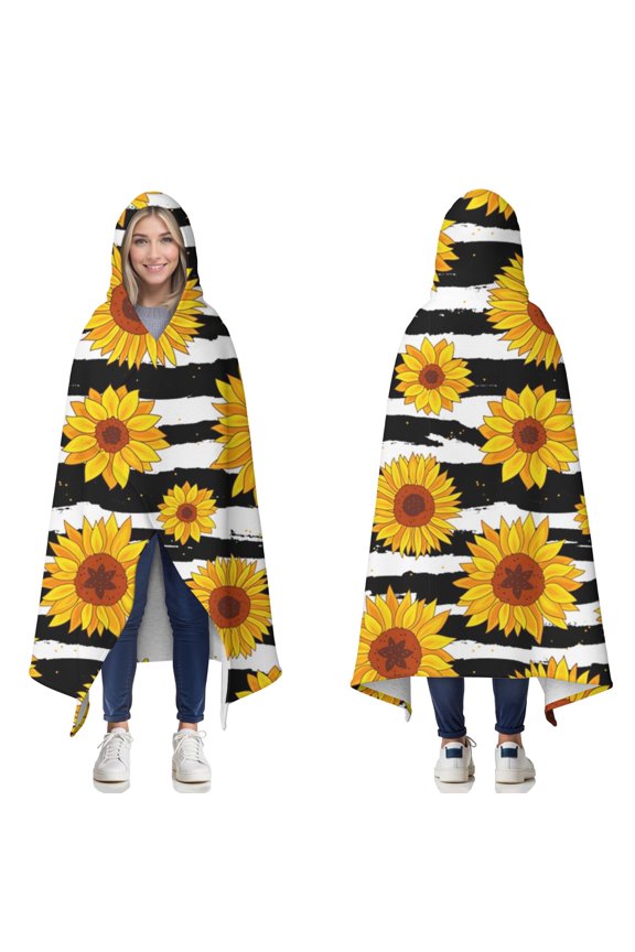 Wearable Blanket,Black White Stripe Sunflower Pattern Hooded Wearable Sherpa Blanket for Adults & Teens,Winter Poncho Shawl Wrap Cape Thick Warm,60"x80"