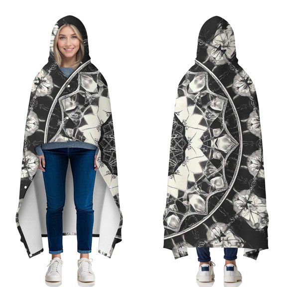 Wearable Blanket,Black White Tie Dye Mandala Pattern Hooded Wearable Flannel Blanket for Adults & Teens with Buckle,Winter Poncho Shawl Wrap Cape,60"x80"