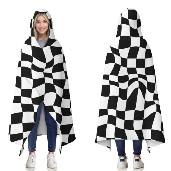 Wearable Blanket,Black and White Wavy Checkerboard Pattern Hooded Wearable Flannel Blanket for Adults & Teens,Winter Poncho Shawl Wrap Cape Cozy Anti-Pill,50"x60"