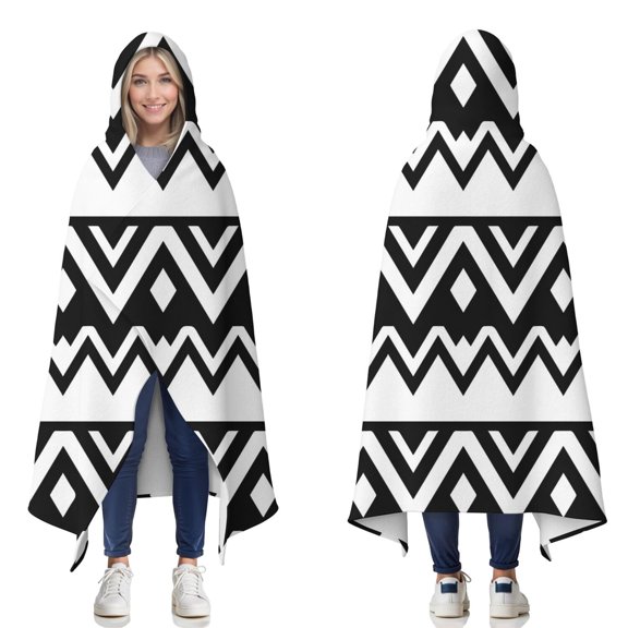 Wearable Blanket,Black and White Zigzag Pattern Hooded Wearable Flannel Blanket for Adults & Teens,Winter Poncho Shawl Wrap Cape Cozy Anti-Pill,60"x80"