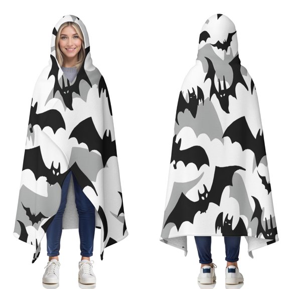 Wearable Blanket,Black and Gray Halloween Bats Hooded Wearable Sherpa Blanket for Adults & Teens,Winter Poncho Shawl Wrap Cape Thick Warm,50"x60"