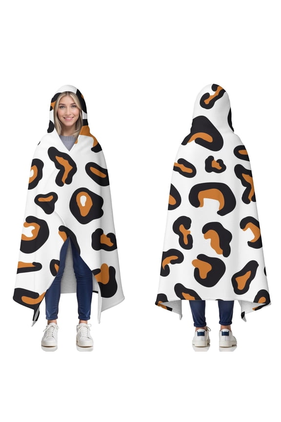 Wearable Blanket,Black and Orange Of Leopard Print Hooded Wearable Sherpa Blanket for Adults & Teens,Winter Poncho Shawl Wrap Cape Thick Warm,60"x80"