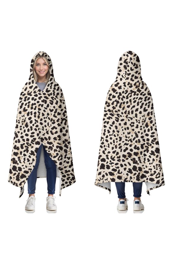 Wearable Blanket,Black and Tan Leopard Print Hooded Wearable Sherpa Blanket for Adults & Teens,Winter Poncho Shawl Wrap Cape Thick Warm,50"x60"