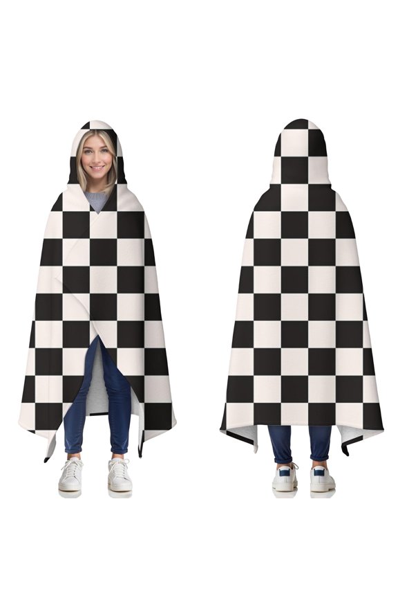 Wearable Blanket,Black and White Checkered Pattern Hooded Wearable Sherpa Blanket for Adults & Teens,Winter Poncho Shawl Wrap Cape Thick Warm,60"x80"