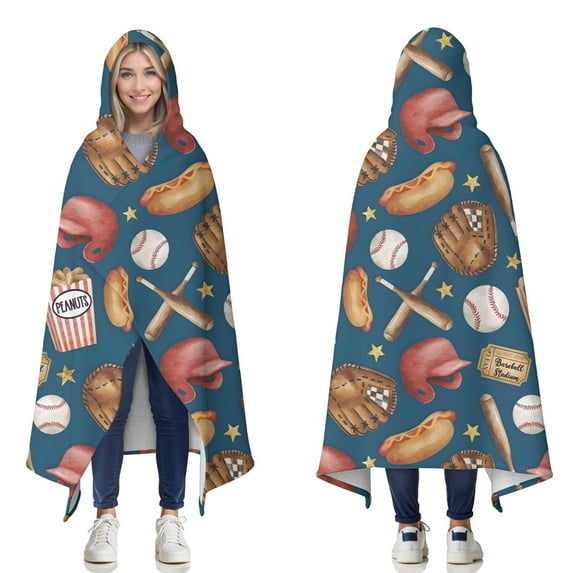 Wearable Blanket,Blue Baseball Stadium Pattern Hooded Wearable Sherpa Blanket for Adults & Teens,Winter Poncho Shawl Wrap Cape Thick Warm,50"x60"