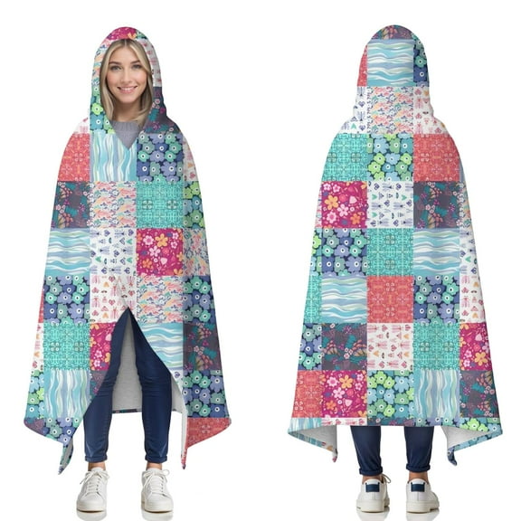 Wearable Blanket,Blue Boho Pioneer Flower Patchwork Pattern Hooded Wearable Sherpa Blanket for Adults & Teens,Winter Poncho Shawl Wrap Cape Thick Warm,50"x60"