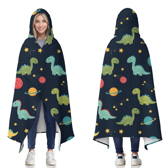 Wearable Blanket,Blue Cartoon Dinosaurs Planets Pattern Hooded Wearable Flannel Blanket for Adults & Teens,Winter Poncho Shawl Wrap Cape Cozy Anti-Pill,50"x60"