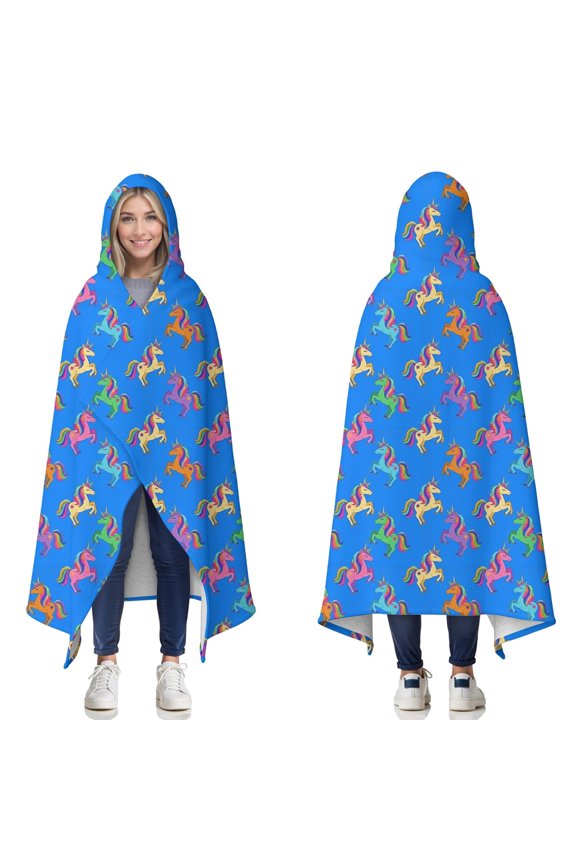 Wearable Blanket,Blue Cartoon Unicorn Pattern Hooded Wearable Sherpa Blanket for Adults & Teens,Winter Poncho Shawl Wrap Cape Thick Warm,60"x80"