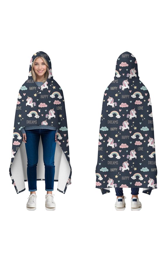 Wearable Blanket,Blue Cartoon Unicorn Rainbow Cloud Love Dream Hooded Wearable Flannel Blanket for Adults & Teens with Buckle,Winter Poncho Shawl Wrap Cape,50"x60"