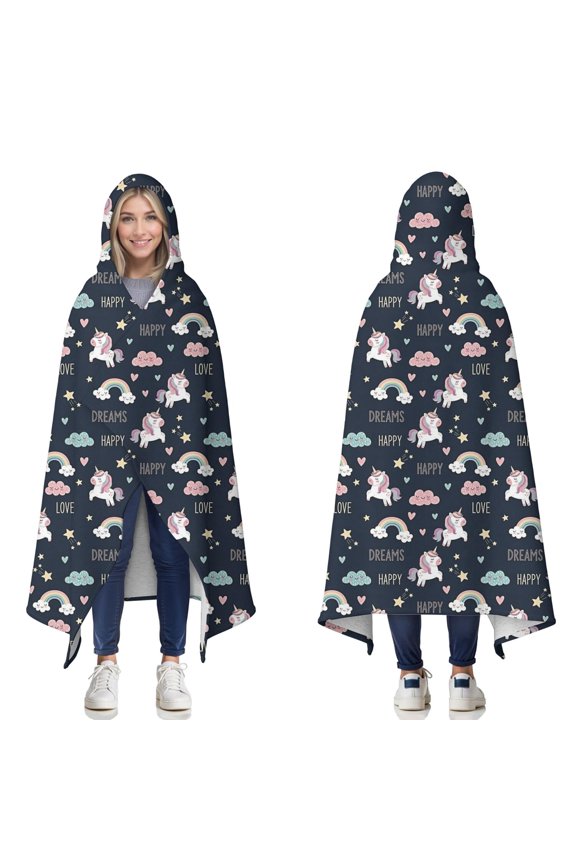 Wearable Blanket,Blue Cartoon Unicorn Rainbow Cloud Love Dream Hooded Wearable Sherpa Blanket for Adults & Teens,Winter Poncho Shawl Wrap Cape Thick Warm,60"x80"