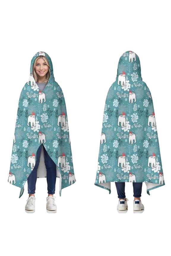 Wearable Blanket,Blue Christmas Polar Bear Pattern Hooded Wearable Sherpa Blanket for Adults & Teens,Winter Poncho Shawl Wrap Cape Thick Warm,60"x80"