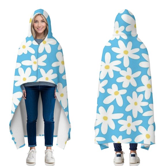 Wearable Blanket,Blue Daisy Flower Pattern Hooded Wearable Flannel Blanket for Adults & Teens with Buckle,Winter Poncho Shawl Wrap Cape,50"x60"