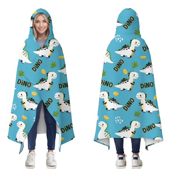 Wearable Blanket,Blue Dinosaurs with Coins Dynamic Hooded Wearable Flannel Blanket for Adults & Teens,Winter Poncho Shawl Wrap Cape Cozy Anti-Pill,50"x60"