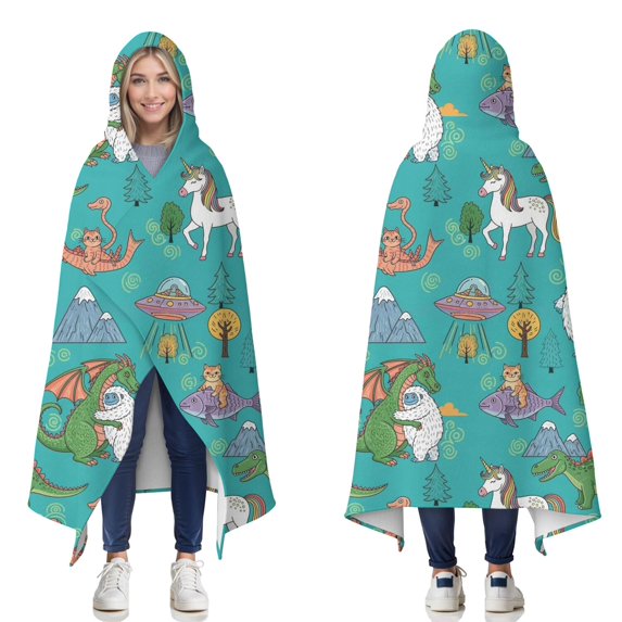 Wearable Blanket,Blue Fantasy Creatures Pattern Hooded Wearable Flannel Blanket for Adults & Teens,Winter Poncho Shawl Wrap Cape Cozy Anti-Pill,60"x80"