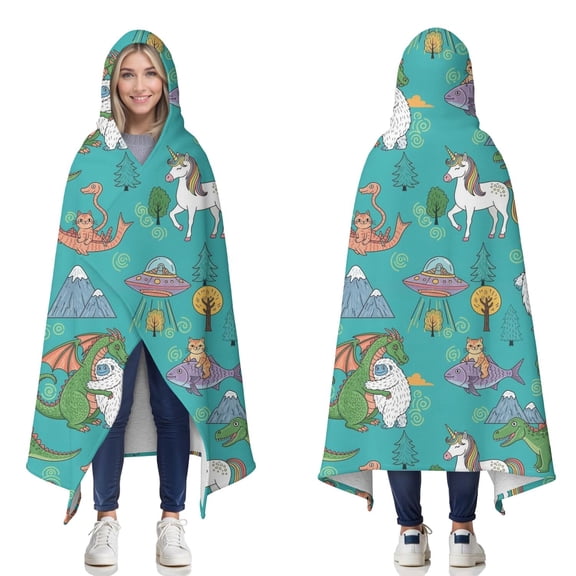 Wearable Blanket,Blue Fantasy Creatures Pattern Hooded Wearable Sherpa Blanket for Adults & Teens,Winter Poncho Shawl Wrap Cape Thick Warm,50"x60"