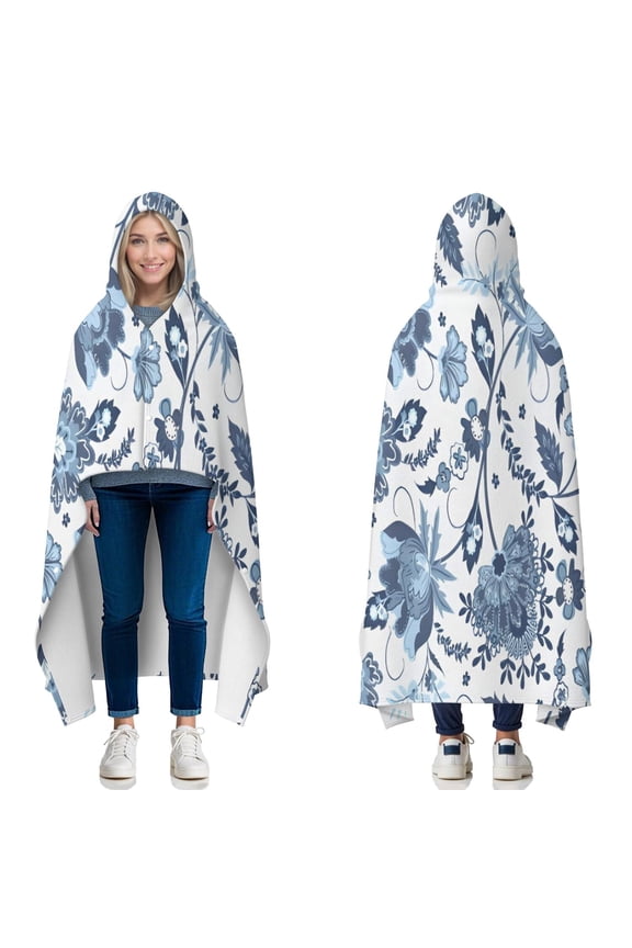 Wearable Blanket,Blue Floral Leaf Pattern Hooded Wearable Flannel Blanket for Adults & Teens with Buckle,Winter Poncho Shawl Wrap Cape,50"x60"