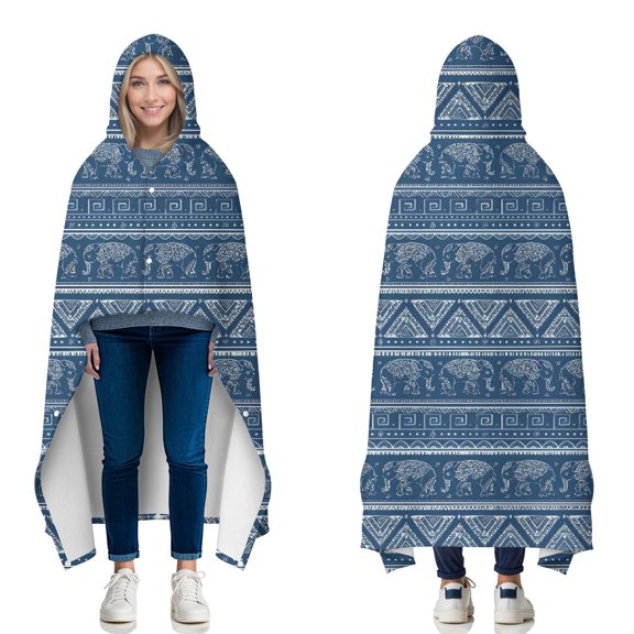Wearable Blanket,Blue Geometric Pattern with Elephants Hooded Wearable Flannel Blanket for Adults & Teens with Buckle,Winter Poncho Shawl Wrap Cape,60"x80"