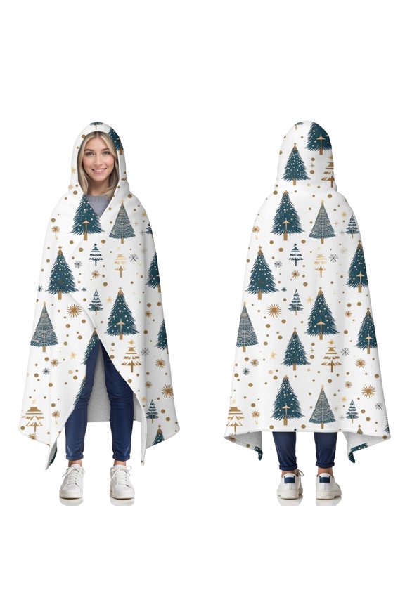 Wearable Blanket,Blue and Gold Christmas Tree Pattern Hooded Wearable Sherpa Blanket for Adults & Teens,Winter Poncho Shawl Wrap Cape Thick Warm,50"x60"