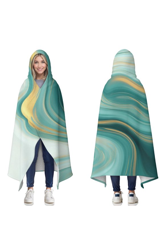 Wearable Blanket,Blue and Gold Marble Flow Veins Pattern Hooded Wearable Sherpa Blanket for Adults & Teens,Winter Poncho Shawl Wrap Cape Thick Warm,60"x80"