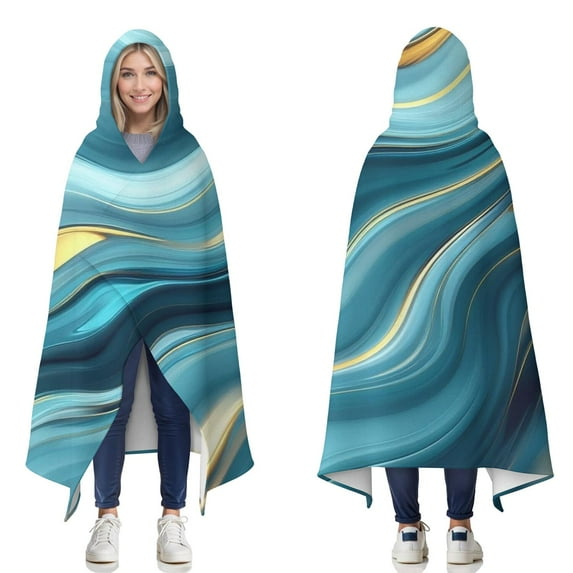 Wearable Blanket,Blue Gold Marble Pattern Hooded Wearable Flannel Blanket for Adults & Teens,Winter Poncho Shawl Wrap Cape Cozy Anti-Pill,50"x60"