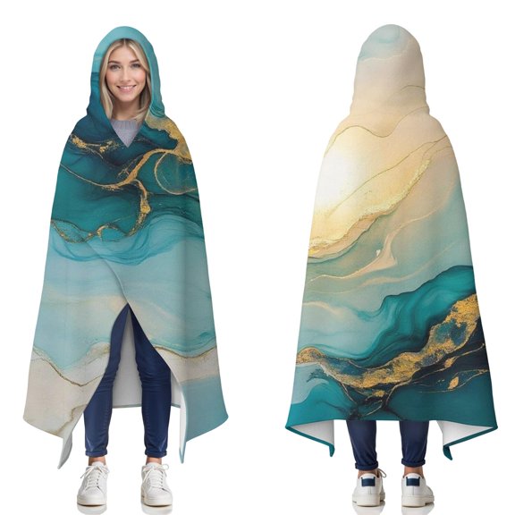 Wearable Blanket,Blue Gold Marble Pattern Hooded Wearable Flannel Blanket for Adults & Teens,Winter Poncho Shawl Wrap Cape Cozy Anti-Pill,50"x60"