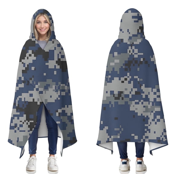 Wearable Blanket,Blue Gray Camo Digital Pattern Hooded Wearable Flannel Blanket for Adults & Teens,Winter Poncho Shawl Wrap Cape Cozy Anti-Pill,50"x60"
