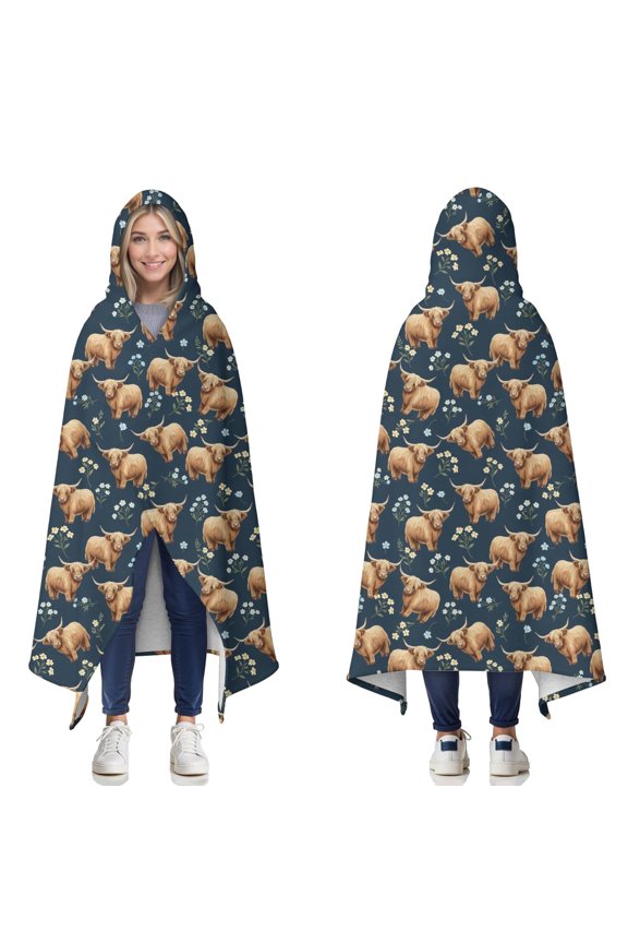 Wearable Blanket,Blue Highland Cow Flower Pattern Hooded Wearable Sherpa Blanket for Adults & Teens,Winter Poncho Shawl Wrap Cape Thick Warm,50"x60"