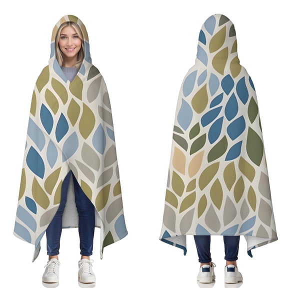Wearable Blanket,Blue Leaf and Vine Pattern Hooded Wearable Sherpa Blanket for Adults & Teens,Winter Poncho Shawl Wrap Cape Thick Warm,50"x60"