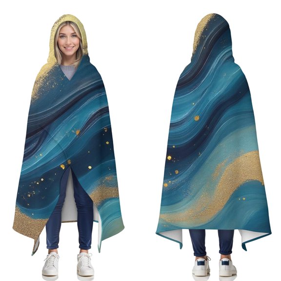 Wearable Blanket,Blue Marble Gold Wave Pattern Hooded Wearable Flannel Blanket for Adults & Teens,Winter Poncho Shawl Wrap Cape Cozy Anti-Pill,50"x60"