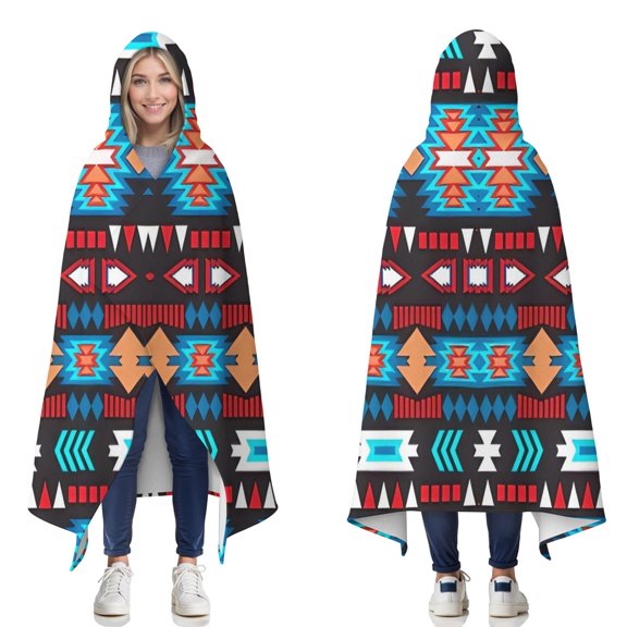 Wearable Blanket,Blue and Orange Geometric Boho Pattern Hooded Wearable Flannel Blanket for Adults & Teens,Winter Poncho Shawl Wrap Cape Cozy Anti-Pill,60"x80"