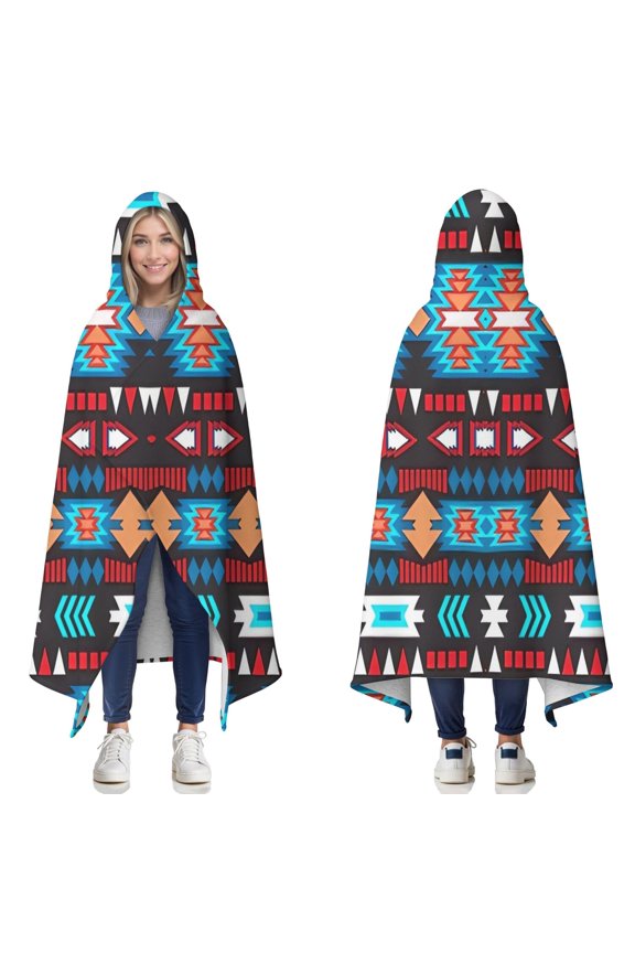 Wearable Blanket,Blue and Orange Geometric Boho Pattern Hooded Wearable Sherpa Blanket for Adults & Teens,Winter Poncho Shawl Wrap Cape Thick Warm,50"x60"