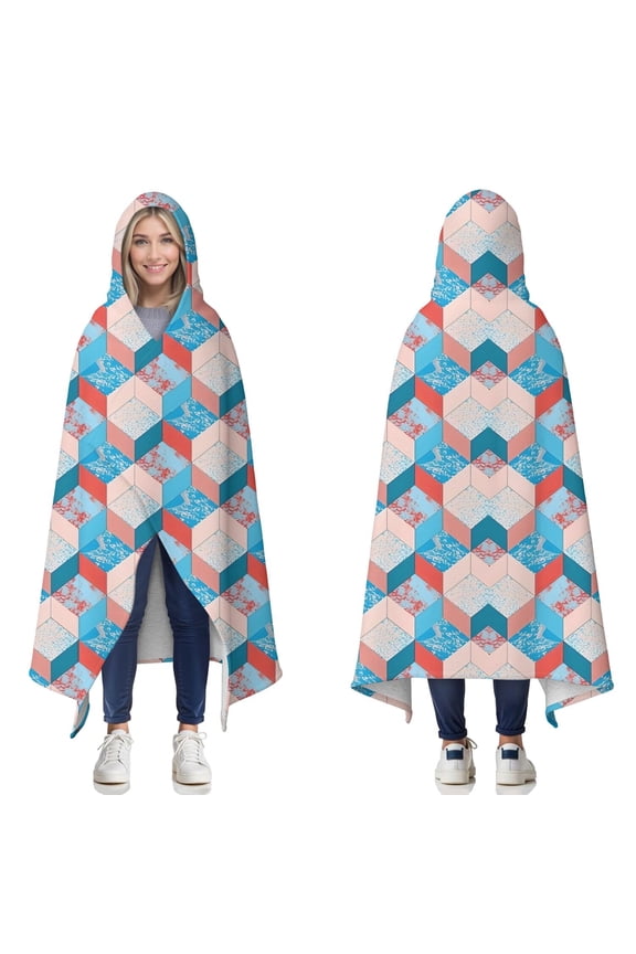 Wearable Blanket,Blue Red Checkered Pattern Hooded Wearable Sherpa Blanket for Adults & Teens,Winter Poncho Shawl Wrap Cape Thick Warm,60"x80"