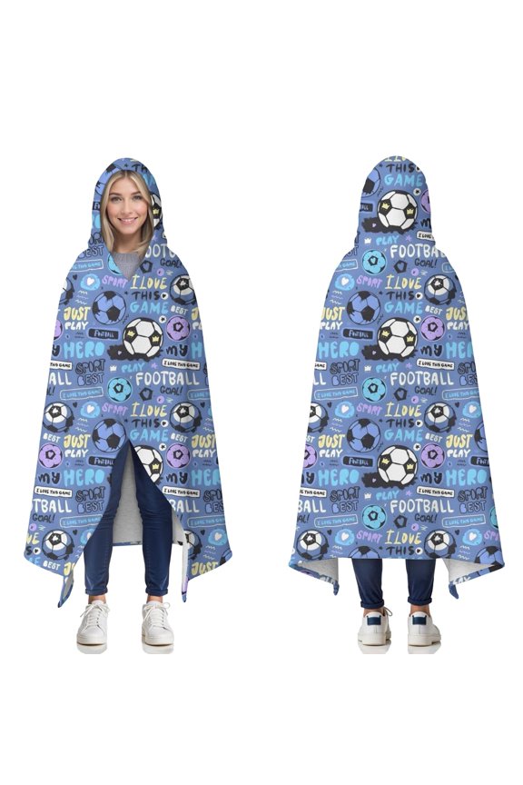 Wearable Blanket,Blue Soccer Themed Pattern Hooded Wearable Sherpa Blanket for Adults & Teens,Winter Poncho Shawl Wrap Cape Thick Warm,60"x80"