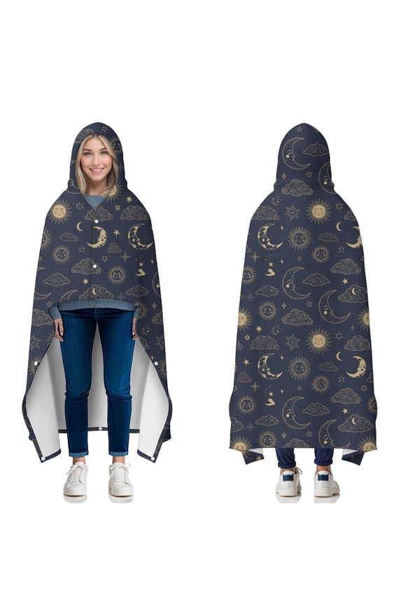 Wearable Blanket,Blue Sun Moon Cloud Star Comet Pattern Hooded Wearable Flannel Blanket for Adults & Teens with Buckle,Winter Poncho Shawl Wrap Cape,50"x60"