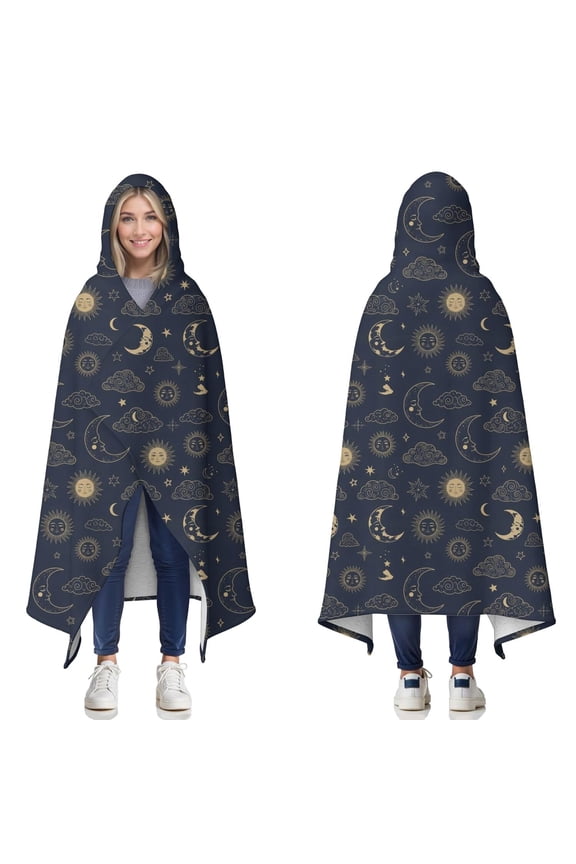 Wearable Blanket,Blue Sun Moon Cloud Star Comet Pattern Hooded Wearable Sherpa Blanket for Adults & Teens,Winter Poncho Shawl Wrap Cape Thick Warm,50"x60"