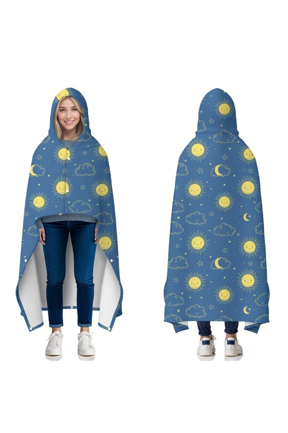 Wearable Blanket,Blue Sun Moon Cloud Star Pattern Hooded Wearable Flannel Blanket for Adults & Teens with Buckle,Winter Poncho Shawl Wrap Cape,50"x60"