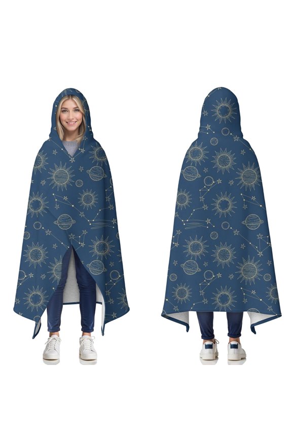 Wearable Blanket,Blue Sun Moon Cloud Star Pattern Hooded Wearable Sherpa Blanket for Adults & Teens,Winter Poncho Shawl Wrap Cape Thick Warm,50"x60"