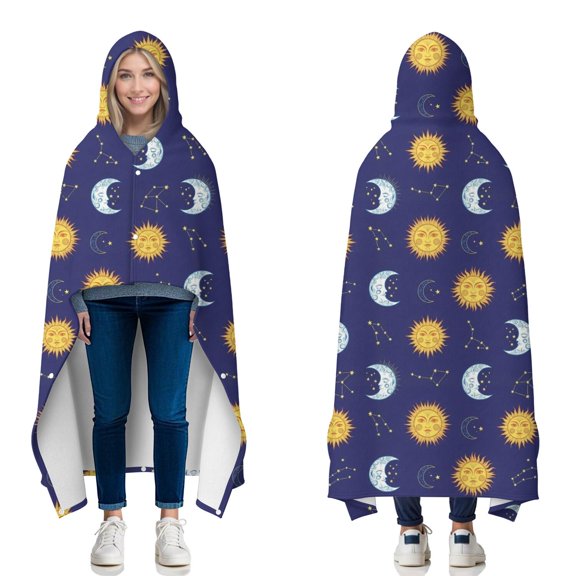 Wearable Blanket,Blue Sun Moon Constellation Pattern Hooded Wearable Flannel Blanket for Adults & Teens with Buckle,Winter Poncho Shawl Wrap Cape,50"x60"