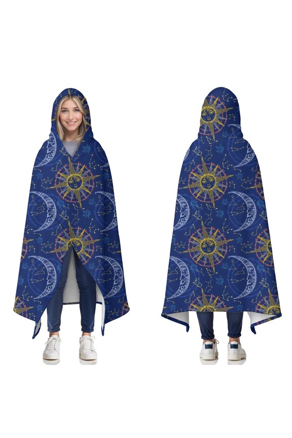 Wearable Blanket,Blue Sun Moon Constellation Pattern Hooded Wearable Sherpa Blanket for Adults & Teens,Winter Poncho Shawl Wrap Cape Thick Warm,50"x60"