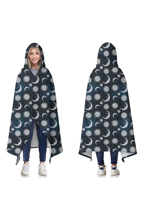 Wearable Blanket,Blue Sun Moon Pattern Hooded Wearable Sherpa Blanket for Adults & Teens,Winter Poncho Shawl Wrap Cape Thick Warm,50"x60"