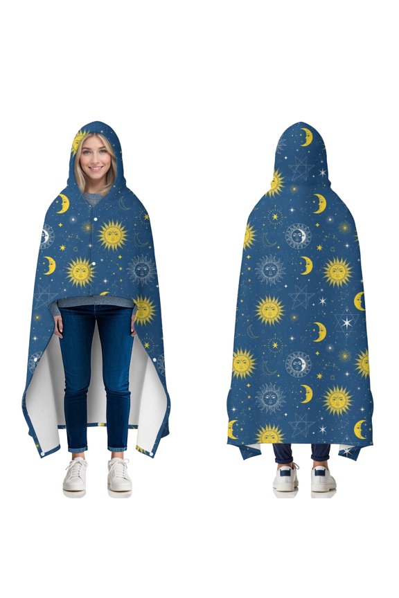 Wearable Blanket,Blue Sun Moon Star Pattern Hooded Wearable Flannel Blanket for Adults & Teens with Buckle,Winter Poncho Shawl Wrap Cape,50"x60"