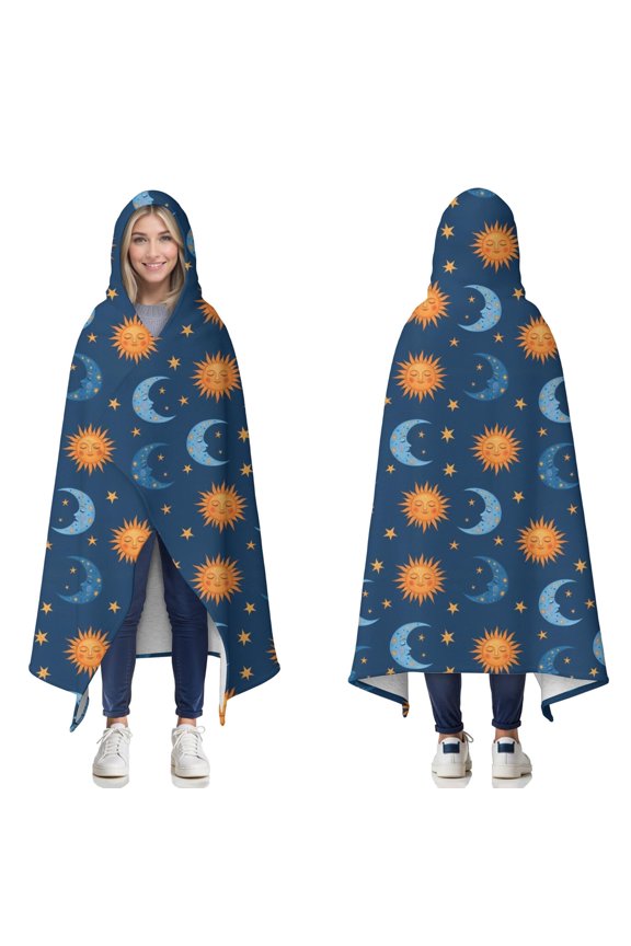 Wearable Blanket,Blue Sun Moon Star Pattern Hooded Wearable Sherpa Blanket for Adults & Teens,Winter Poncho Shawl Wrap Cape Thick Warm,50"x60"
