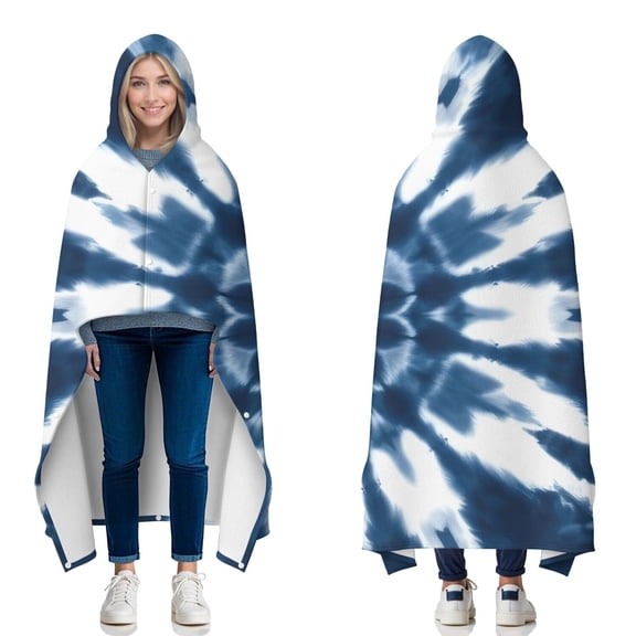 Wearable Blanket,Blue Tie Dye Flower Mandala Pattern Hooded Wearable Flannel Blanket for Adults & Teens with Buckle,Winter Poncho Shawl Wrap Cape,50"x60"