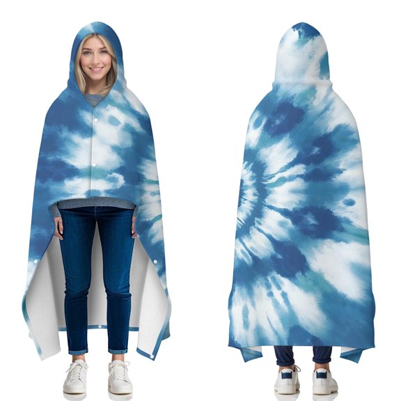 Wearable Blanket,Blue Tie Dye Mandala Pattern Hooded Wearable Flannel Blanket for Adults & Teens with Buckle,Winter Poncho Shawl Wrap Cape,50"x60"