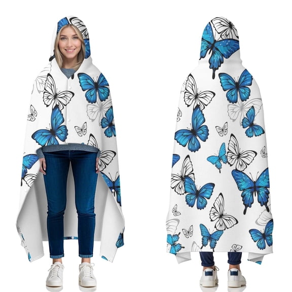 Wearable Blanket,Blue White Butterfly Pattern Hooded Wearable Flannel Blanket for Adults & Teens with Buckle,Winter Poncho Shawl Wrap Cape,50"x60"