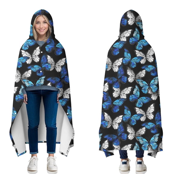 Wearable Blanket,Blue White Butterfly Pattern Hooded Wearable Flannel Blanket for Adults & Teens with Buckle,Winter Poncho Shawl Wrap Cape,50"x60"