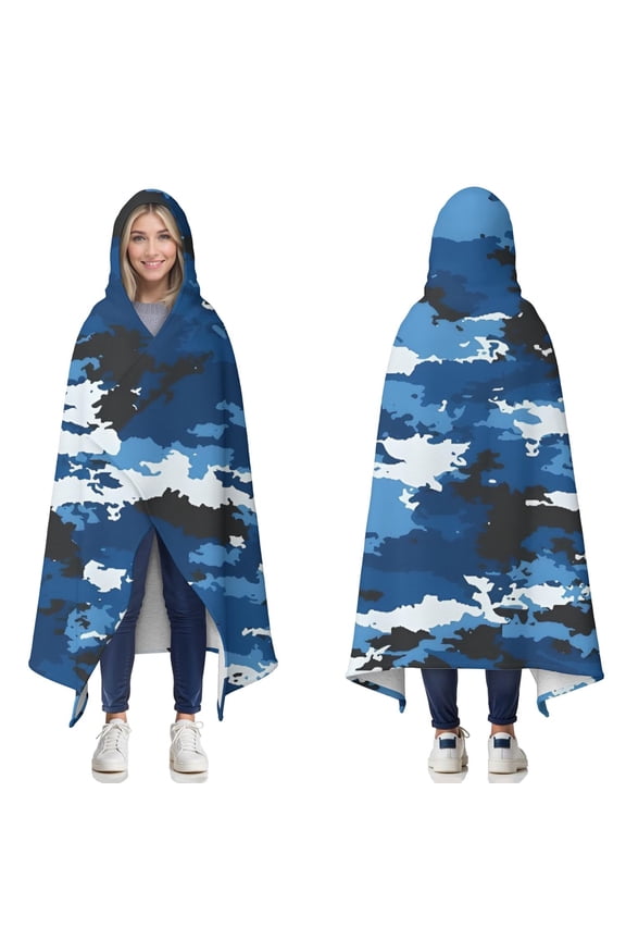 Wearable Blanket,Blue White Camo Digital Shapes Pattern Hooded Wearable Sherpa Blanket for Adults & Teens,Winter Poncho Shawl Wrap Cape Thick Warm,60"x80"