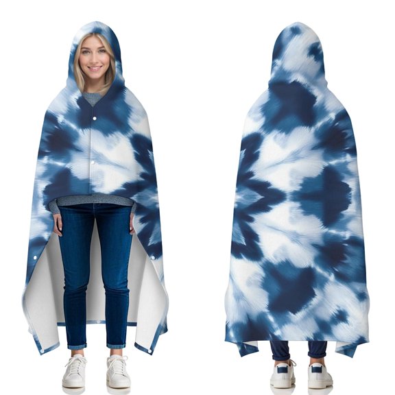 Wearable Blanket,Blue White Tie Dye Mandala Pattern Hooded Wearable Flannel Blanket for Adults & Teens with Buckle,Winter Poncho Shawl Wrap Cape,60"x80"