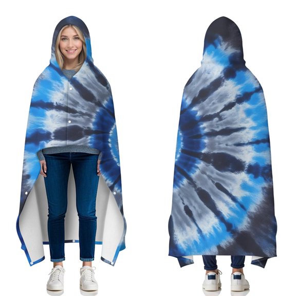 Wearable Blanket,Blue White Tie Dye Spiral Pattern Hooded Wearable Flannel Blanket for Adults & Teens with Buckle,Winter Poncho Shawl Wrap Cape,50"x60"