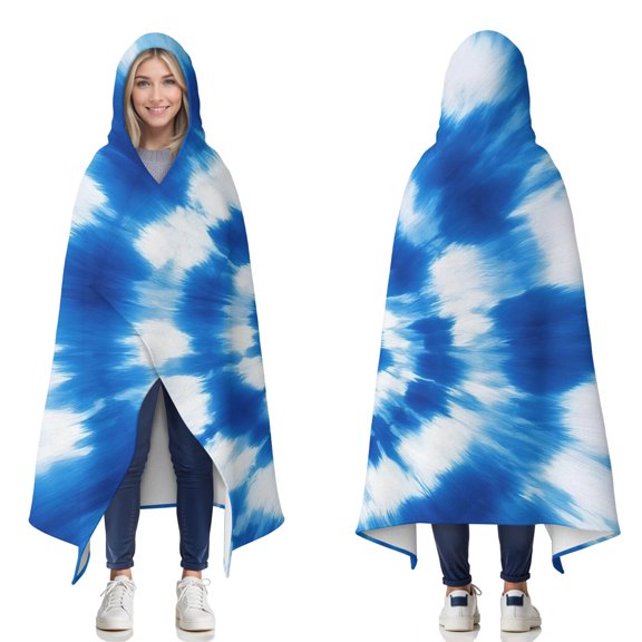 Wearable Blanket,Blue White Tie Dye Spiral Pattern Hooded Wearable Flannel Blanket for Adults & Teens,Winter Poncho Shawl Wrap Cape Cozy Anti-Pill,50"x60"